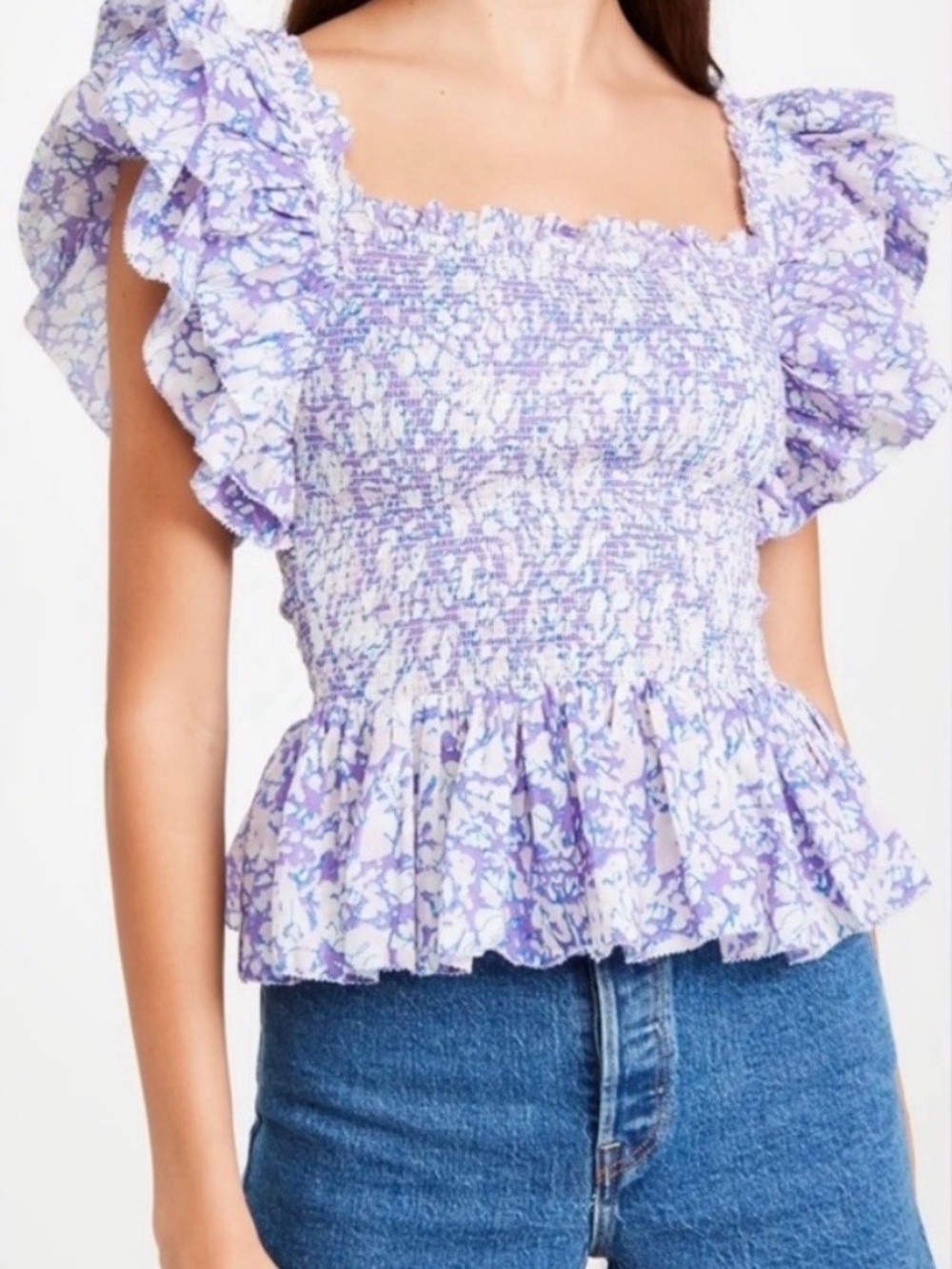 Love the Label / Neiman Marcus Lilac Floral Smocked Ruffle Sleeve Blouse - Women
